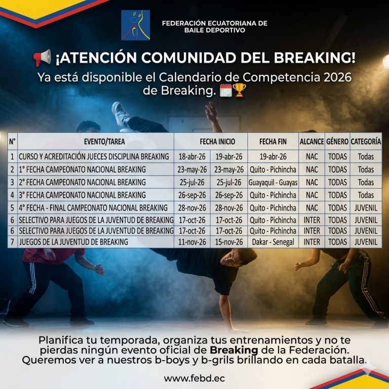 Calendario Oficial Breaking 2026: ¡El momento de brillar ha llegado!